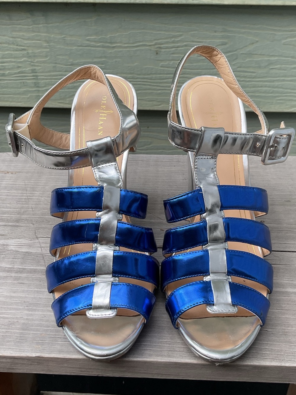 Metallic Silver & Royal Blue Strappy Stacked Heel Sandals